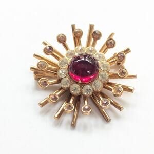 Vintage Gold Tone Glass Rhinestone Atomic Sunburst Collectible 1950s Brooch